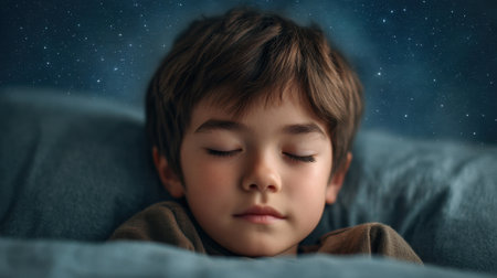 A tranquil scene of a child sleeping in a dim bedroom with a gentle starry sky projection, evoking a sense of peace, comfort, and the magic of dreams.の素材