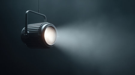 A striking image of a spotlight beaming from the right side, casting a dramatic light with soft smoke, creating an engaging atmosphere perfect for creative projects.の素材