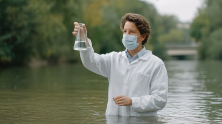 Researcher in a lab coat tests a water sample from a river using a flask. The scene captures environmental analysis, emphasizing scientific observation and safety.の素材