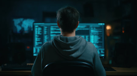 A focused individual analyzes encrypted data on a glowing monitor in a dark workspace, emphasizing high-tech features and the importance of cybersecurity in digital innovation.の素材