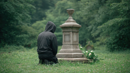 A thoughtful man in a dark hoodie kneels quietly beside a grave marker, enveloped by lush greenery, evoking deep emotions of loss and remembrance in nature's serenity.の素材