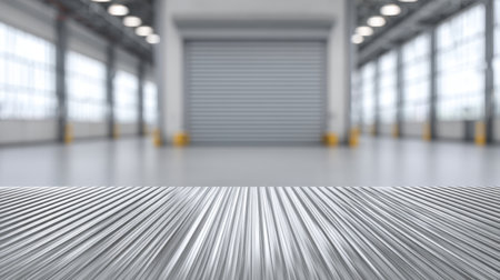 This image features a sleek metal surface highlighted by soft, diffused light in an industrial space, perfect for design projects and background needs.の素材