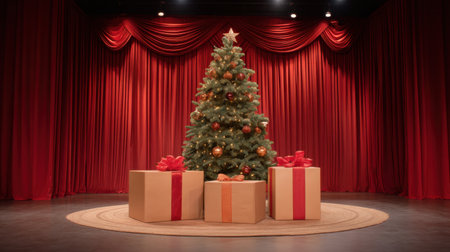 A captivating stage scene featuring a beautifully adorned Christmas tree surrounded by wrapped gifts, complemented by elegant red drapes for a warm holiday atmosphere.の素材