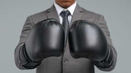 A striking close-up of a professional man in a suit wearing boxing gloves against a gray background, symbolizing the blend of business acumen and athletic mindset.の素材