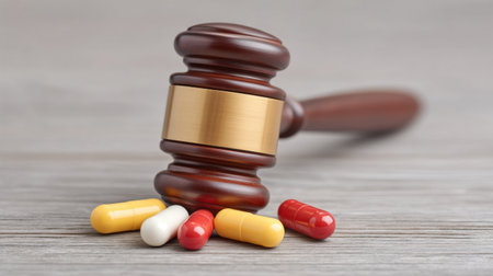 A wooden gavel rests on a table beside assorted pills, highlighting the intersection of law and medicine in court decisions related to healthcare regulations.の素材