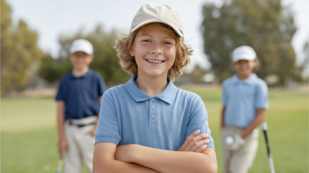 A cheerful young golfer stands confidently with crossed arms, smiling brightly while posing with friends on a sunny golf course, showcasing their sporting spirit.の素材