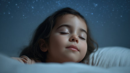 A serene image featuring a child sleepily resting in a dimly lit bedroom, illuminated by a gentle starry sky projection, evoking a calming and dreamy atmosphere.の素材
