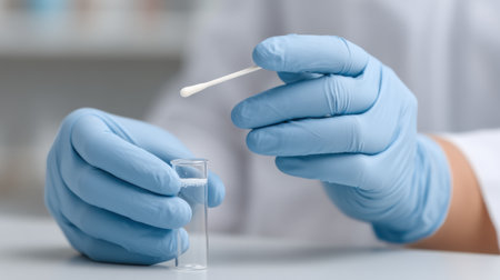 A healthcare professional wearing gloves prepares to use a cotton swab for diagnostic sampling in a clinical laboratory environment, emphasizing safety and precision in testing.の素材