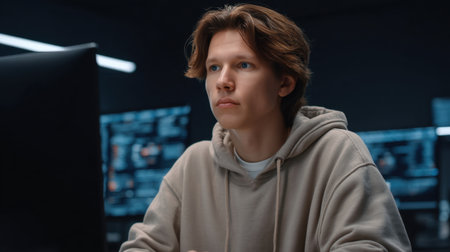 An engaged security analyst immersed in studying digital data within a contemporary office setting, showcasing modern technology and a focused workspace ambiance.の素材