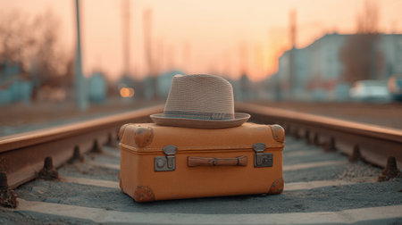 Capture the essence of nostalgia with this image of vintage luggage and a straw hat on railway tracks at dusk, evoking memories of journeys past.の素材
