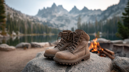 Experience a tranquil outdoor scene featuring rugged hiking boots placed on a stone by a glowing fire pit, with a serene lake and majestic mountains in the background.の素材