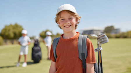 Cheerful boy with a golf club and bag smiles during outdoor activity, enjoying time with friends on a sunny day in a vibrant green landscape, capturing joyful moments.の素材