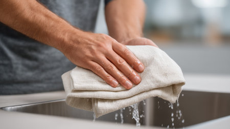 A close-up view of male hands rinsing a piece of fabric in a sink, showcasing the care and attention given to laundry within a household setting.の素材