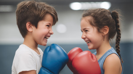 Two kids share a moment of laughter while sparring in boxing gloves at the gym, showcasing the joy of friendly competition and physical activity in a playful environment.の素材