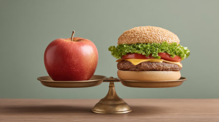 A captivating image showcasing a red apple and a fast food burger weighed on a vintage scale, emphasizing the balance between healthy and indulgent food choices.の素材