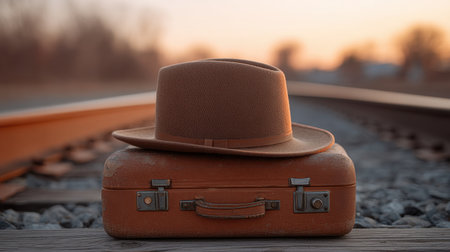 A vintage hat rests elegantly atop a brown suitcase positioned on train tracks at sunset, surrounded by warm light creating a serene and nostalgic scene ideal for travel themes.の素材