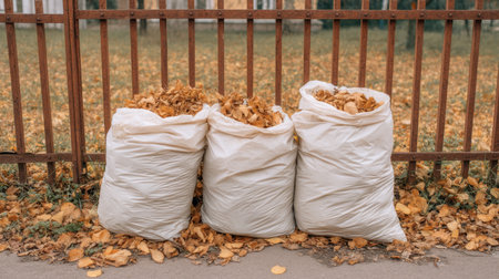 Three large white bags filled with dead foliage sit near a rustic wooden fence, showcasing an autumn cleanup effort in a residential neighborhood.の素材