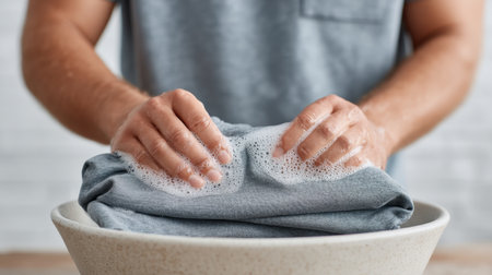 A close-up image showcases hands gently cleaning a gray shirt with soap bubbles, highlighting the intimate routine of washing at home in a cozy setting.の素材