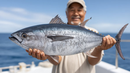 A joyful man proudly holds a freshly caught tuna aboard a boat, showcasing his fishing success against a vibrant ocean backdrop under a clear blue sky.の素材