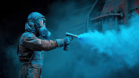 A vivid blue spray painting worker in a mask creates dynamic effects amidst industrial metal parts. The artistic action captures creativity in a smoky atmosphere.の素材