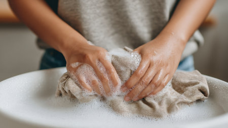 This image captures hands actively washing a shirt in soapy water, illustrating a simple yet essential laundry routine, bringing focus to cleanliness and care.の素材
