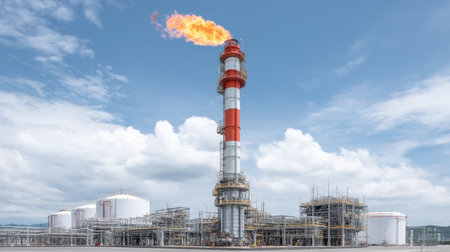 A striking image of a flare stack burning brightly with a red and white flame, highlighting an LNG storage facility against a backdrop of blue sky and clouds.の素材