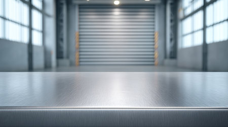 This image showcases a polished metal surface illuminated by diffused light, set against an industrial backdrop, emphasizing texture and clarity in a modern environment.の素材