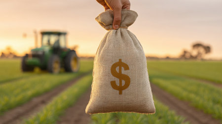 A hand holding a burlap money bag with a dollar sign against a vibrant sunset in an agricultural field, symbolizing prosperity and investment in farming.の素材