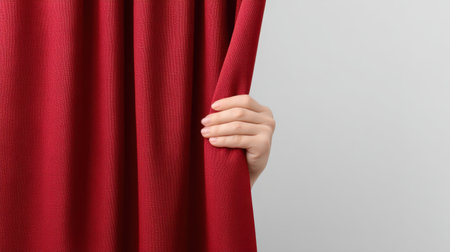 A hand gently holds aside a classic red curtain, exposing an empty white space, creating a serene and minimalist atmosphere ideal for design or presentation use.の素材