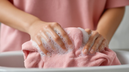 Close up image of hands skillfully washing a pink shirt in soapy water, highlighting the care involved in this essential household routine.の素材