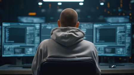 A focused hacker sitting at a desk with multiple monitors, immersed in the digital world, showcasing a modern workspace atmosphere ideal for cybersecurity themes.の素材