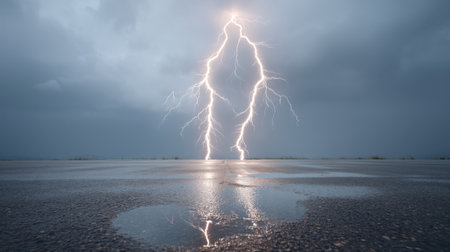 Stunning image of lightning striking above a wet asphalt road, showcasing puddles reflecting the stormy sky. Experience the intense beauty of nature's raw power.の素材