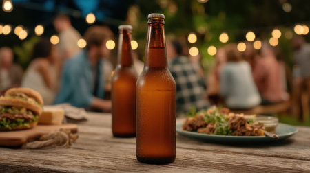 A cozy backyard scene featuring friends gathered at night with chilled beer bottles and delicious food, illuminated by soft string lights, creating a warm atmosphere.の素材