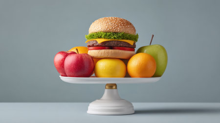 This image showcases a playful balance of a burger and various fruits on a scale, illustrating choices in diet and nutrition for a healthier lifestyle.の素材