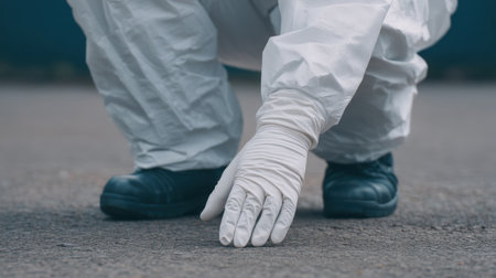 An officer kneels on the ground in a white protective suit, carefully picking up an object for investigative purposes, ensuring safety and meticulousness.の素材