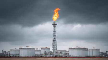 An industrial landscape showcasing a gas plant with a towering flare stack emitting vibrant flames against a backdrop of dark, moody clouds, highlighting energy production.の素材