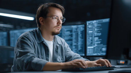 A focused professional in cybersecurity works late at night, surrounded by multiple blue lit screens in a modern office, emphasizing dedication and expertise in data security.の素材