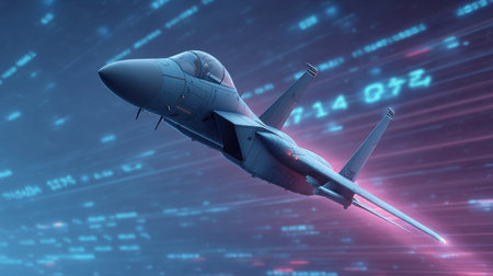 A stunning visual of a jet soaring through a vibrant neon blue sky, surrounded by digital elements, capturing the essence of modern technology and the thrill of flight.の素材