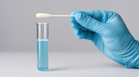A pair of gloved hands holds a cotton swab above a test tube filled with blue liquid, symbolizing sterile sampling and medical laboratory procedures for testing.の素材