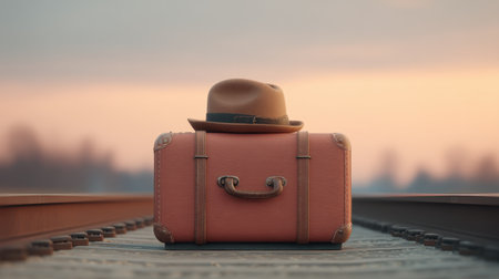 A serene vintage luggage with a hat rests on railway lines at dusk, embodying tranquil travel moments in a picturesque twilight setting, evoking nostalgia and adventure.の素材