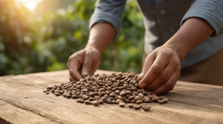 A man sorts freshly harvested coffee beans on a wooden table amidst a lush coffee plantation, capturing the essence of natural farming and sustainable practices in morning light.の素材