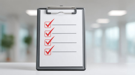 A modern checklist on a clipboard featuring red checkmarks, set against a bright workspace background, perfect for highlighting productivity and organization.の素材