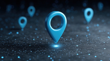 This visually striking digital map features blue location pins displayed against a dark background, creating a modern representation of navigation technology and exploration.の素材