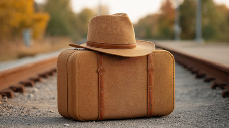 A charming vintage brown suitcase paired with a fedora rests on train tracks, beautifully illuminated by the warm hues of an evening sunset, evoking adventure.の素材