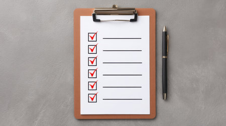 This image showcases a checklist with red checkmarks on a clipboard, representing organized systems for tasks, rules, and regulations in business environments.の素材