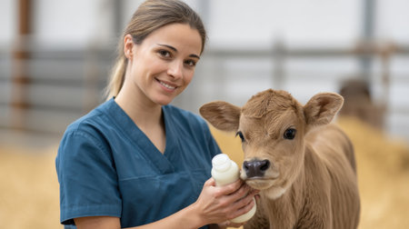 A young woman lovingly feeds a calf in a cozy barn setting, showcasing a heartwarming bond between humans and animals on a peaceful farm.の素材