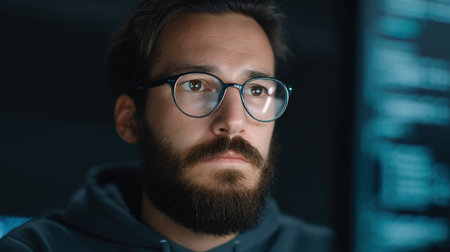 A close-up view of a serious male cybersecurity analyst, immersed in his work, showcasing focus and expertise in a modern tech environment. Soft lighting highlights his concentration.の素材