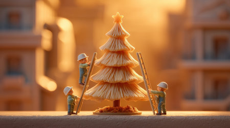A charming scene of tiny figures carefully assembling a Christmas tree, radiating a warm golden glow, perfect for evoking the joy of festive preparations.の素材