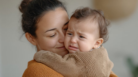 A heartwarming scene depicting a mother lovingly cuddling her crying baby, showing emotions of care and exhaustion in a cozy, nurturing environment.の素材