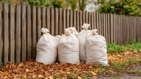 White bags filled with collected leaves are neatly piled beside a wooden fence in a serene residential yard, showcasing autumn's vibrant colors and seasonal changes.の素材